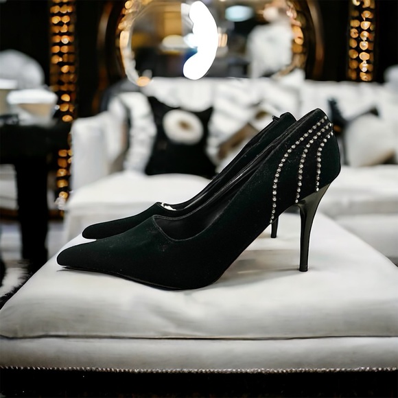 VINTAGE ANNA VELVET AND RHINESTONE HIGH HEELS SZ 6 nwt 1990s black stiletto - Picture 1 of 8